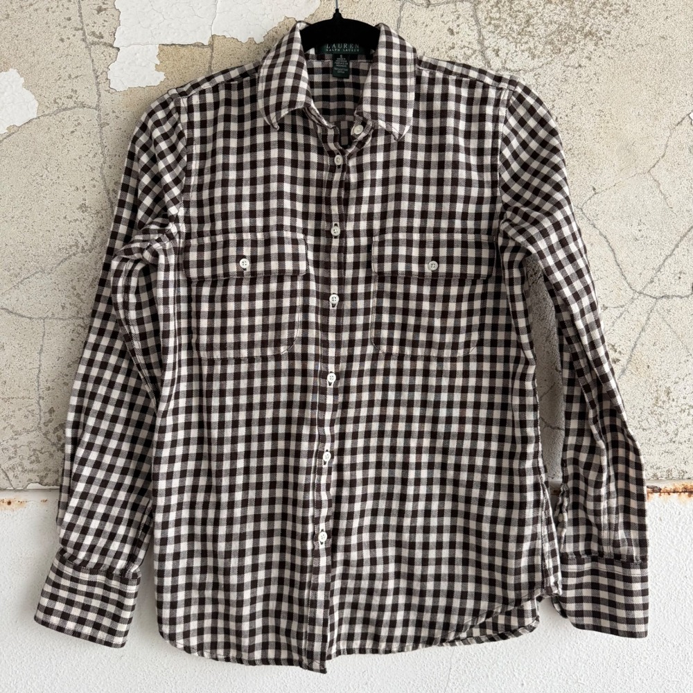 Lauren Ralph Lauren Shirt Button Down Brown Gingham‎ Plaid Womens S Preppy